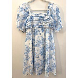 Sweet Wanderer Blue & White Floral Maternity Dress Puff Sleeves Smocked Bodice S